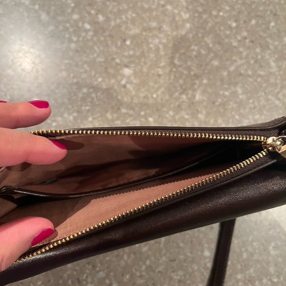 Rich chocolate brown mini bag has an adjustable shoulder strap and gold letters - Picture 11 of 12